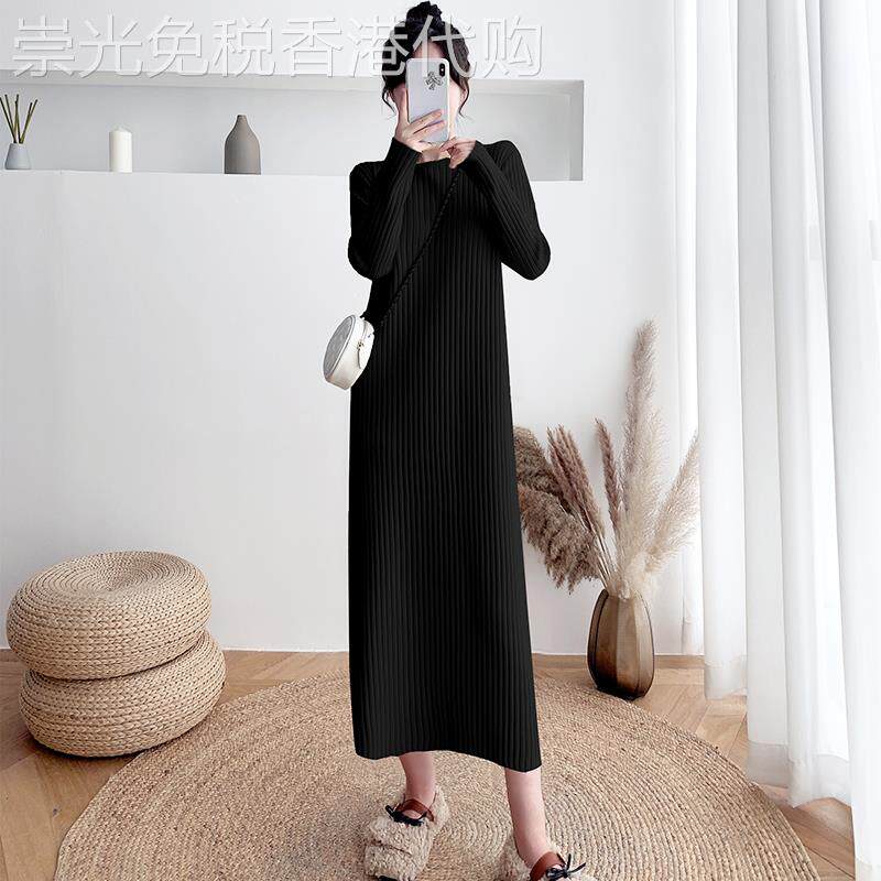 专柜黑色针织连衣裙女2025秋冬新款宽松过膝内搭超长款打底毛衣裙