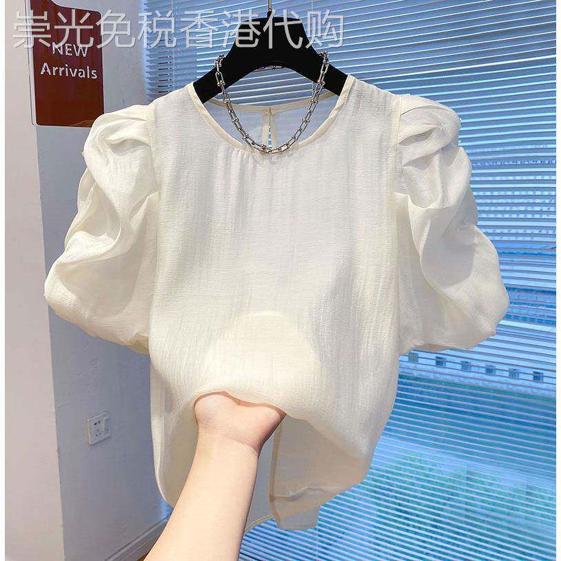 雪纺衫女夏季薄款2026年新款短袖T恤宽松洋派小衫泡泡袖半袖上衣