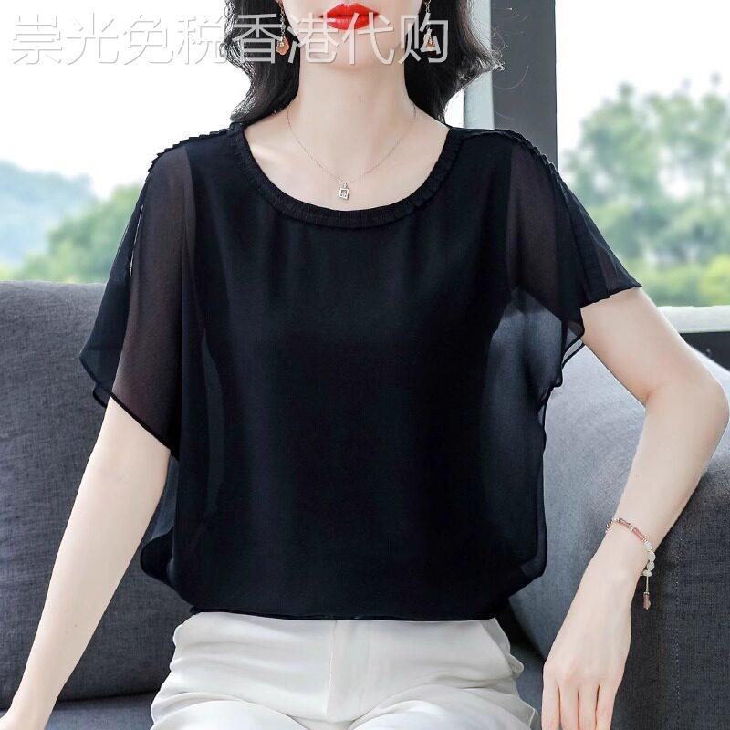 黑色短袖t恤女宽松夏季薄款2026新款高级感气质显瘦雪纺衫上衣女