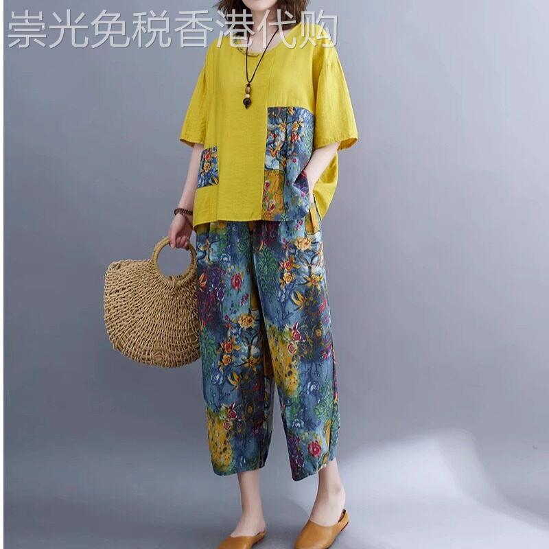 潮牌中年妈妈棉麻套装女2025夏季新款时尚大尺码宽松显瘦上衣两件