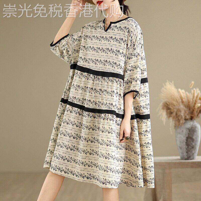 印花短袖连衣裙女夏季新款大码宽松显瘦遮肉百搭女士减龄娃娃裙子