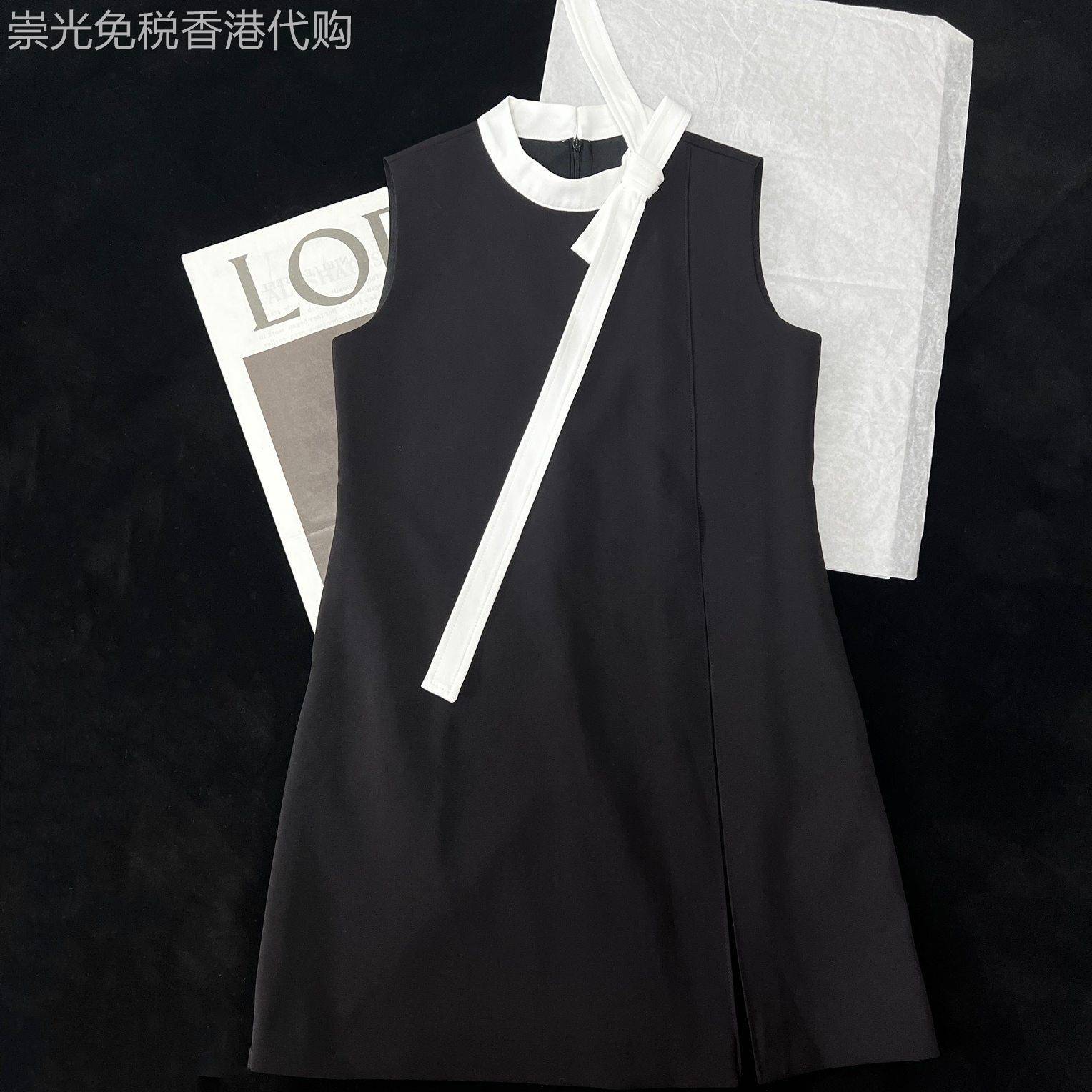法式撞色蝴蝶结系带无袖洋装女黑色气质千金风背心裙2026春夏款