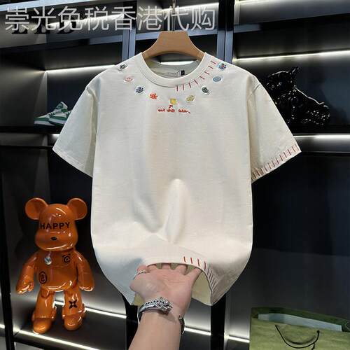 高端纯棉杏色短袖T恤男士夏季2026新款重工字母刺绣宽松休闲上衣