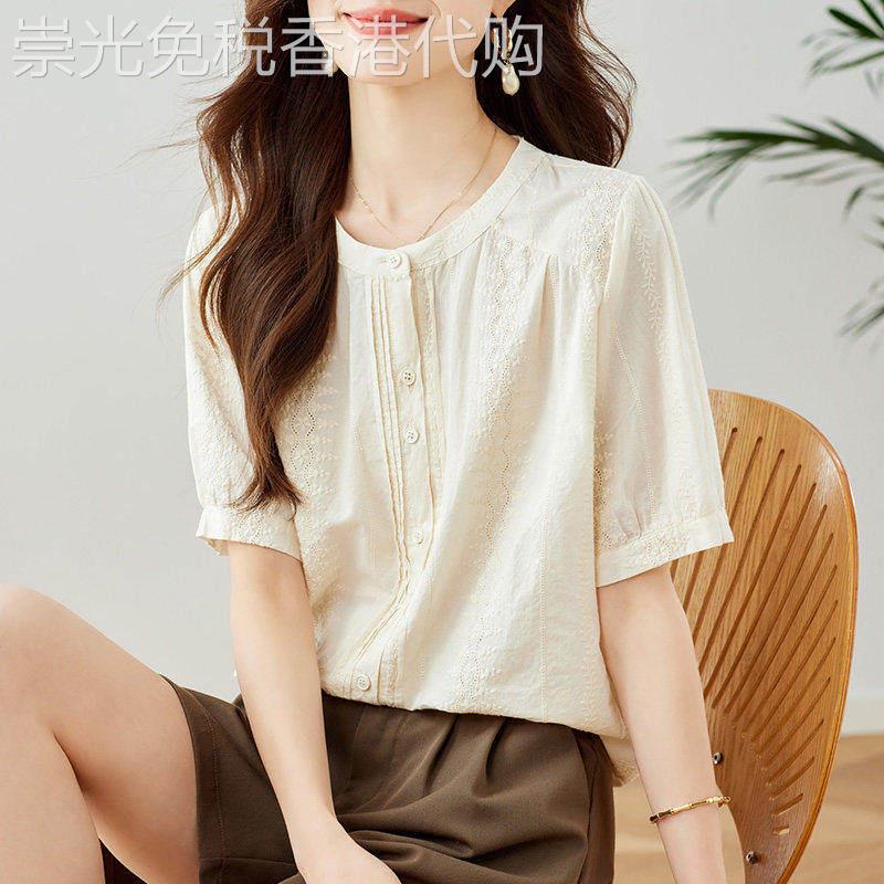 法式圆领短袖衬衫女新款夏季薄款显瘦高级感宽松时尚洋派漂亮上衣