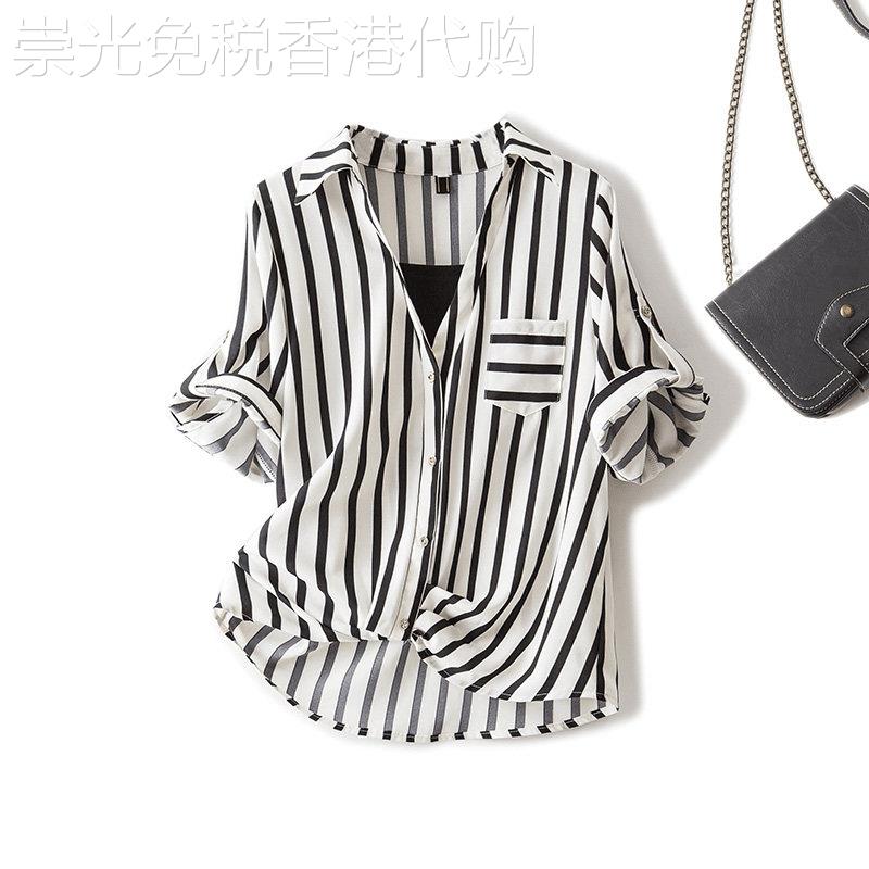 条纹短袖衬衫女夏薄款宽松显瘦设计感小众百搭大尺码休闲 假两件