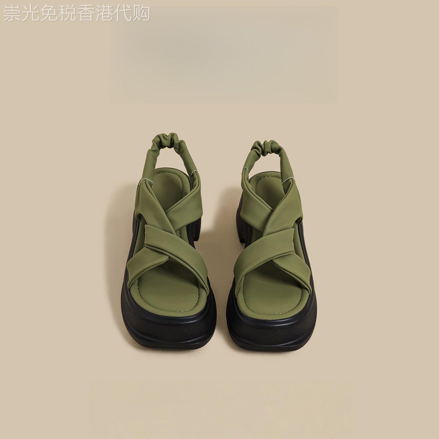 香港真皮绿色松糕厚底凉鞋女夏季外穿2026新款不累脚软底沙滩凉鞋