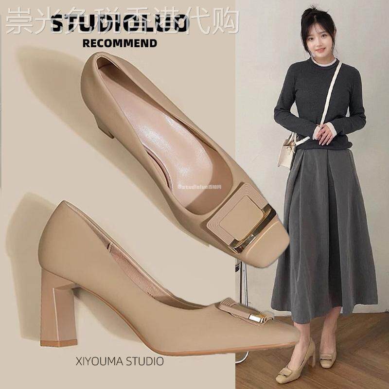香港裸色方扣不累脚高跟鞋女2025春秋新款百搭方头中粗跟浅口单鞋