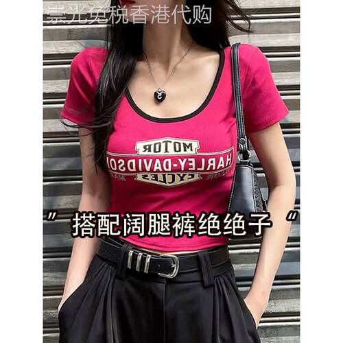 abg辣妹美式复古短袖t恤女夏季新款字母印花修身显瘦短款正肩上衣