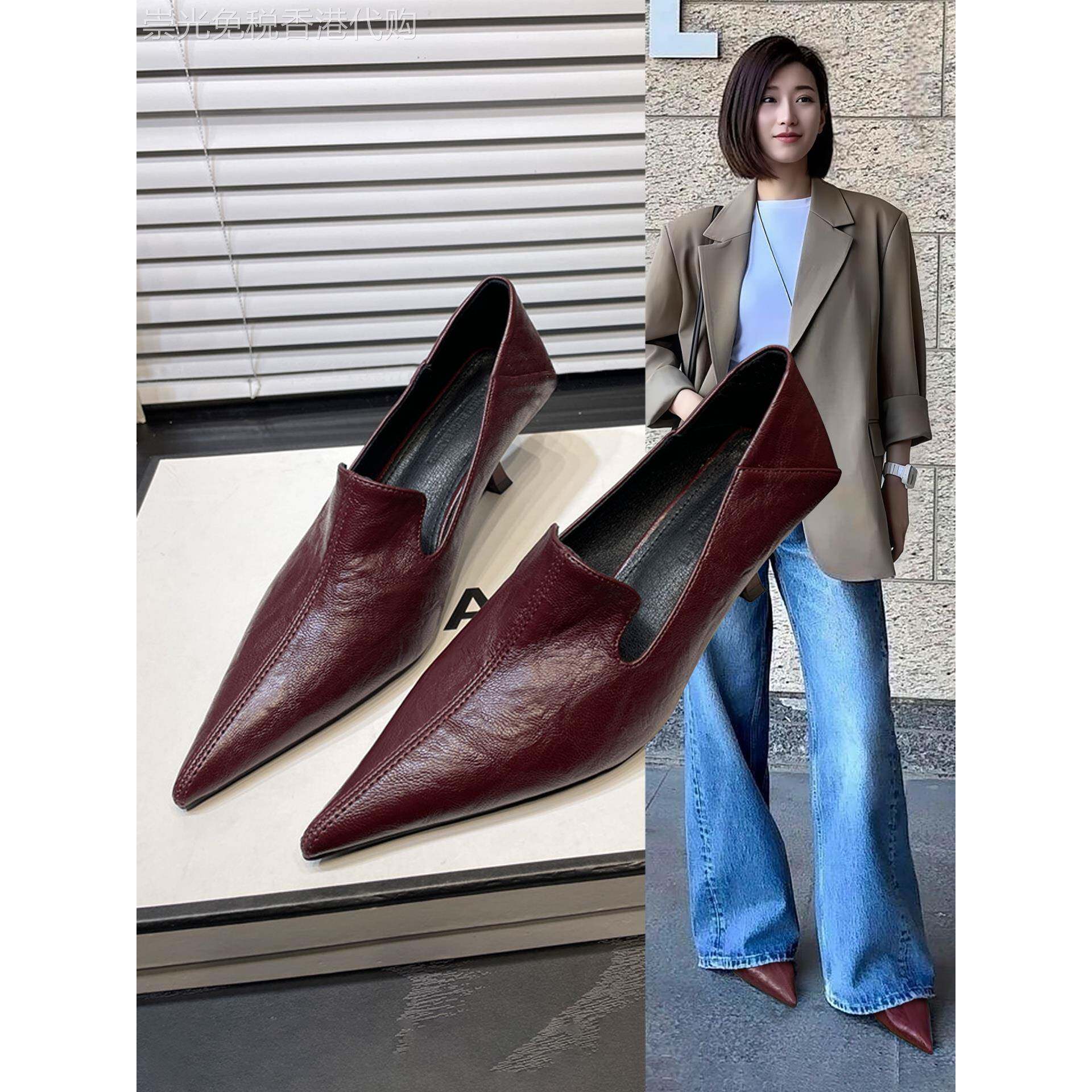 香港真皮细跟尖头浅口单鞋女2025春秋新款职业通勤软皮高跟小皮鞋