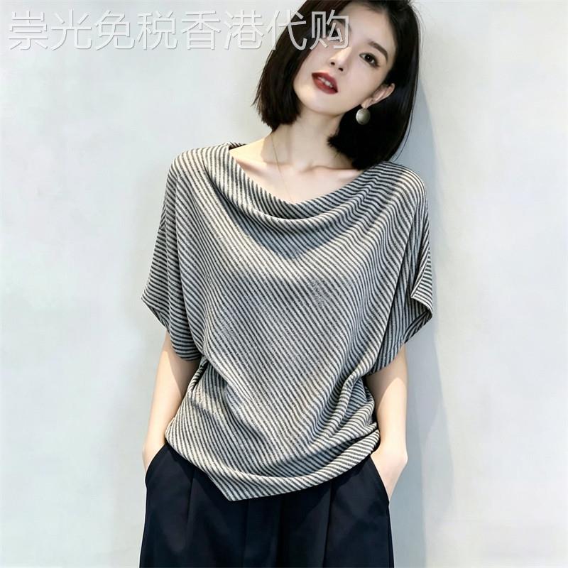 条纹垂折领蝙蝠袖T恤女2026夏季新款宽松显瘦冰丝薄款短袖针织上