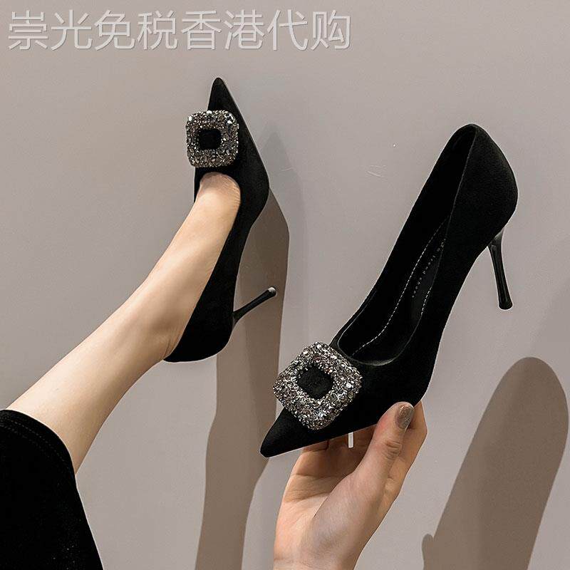 店主自留新款~尖头浅口高跟鞋女春季黑色细跟小香风气质真皮单鞋