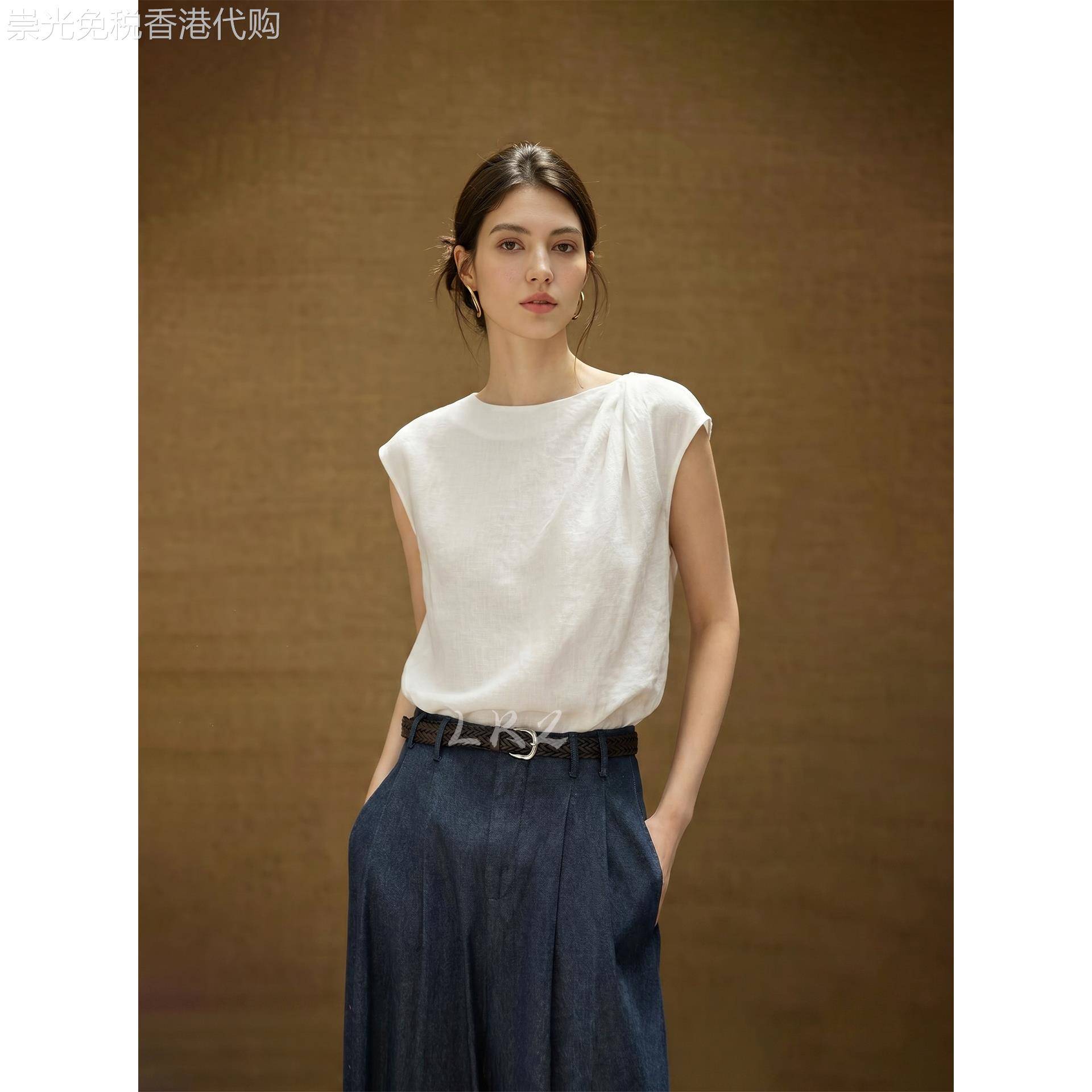 欧货高级感压褶皱圆领无袖背心衬衫女夏季简约风气质显瘦白色上衣