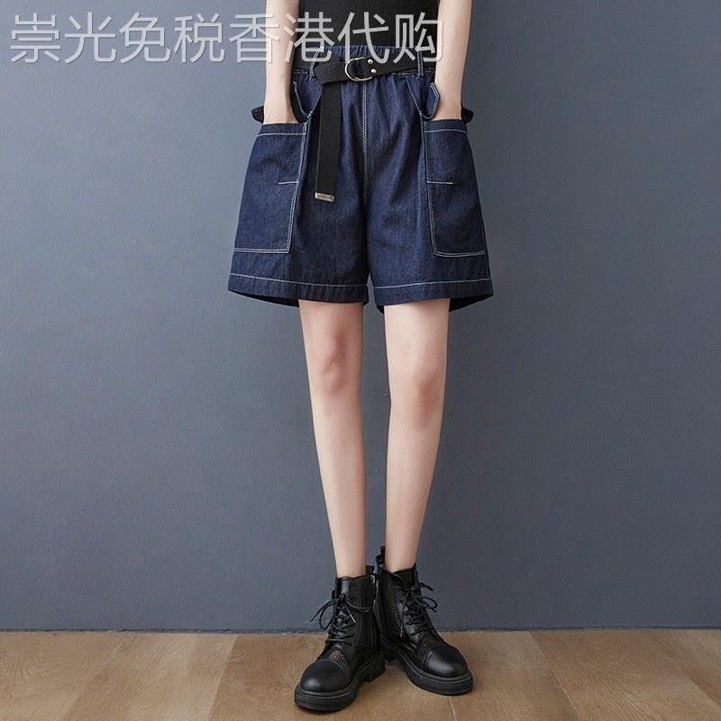 深蓝色牛仔工装短裤女夏季2026欧货高腰大码阔腿裤宽松休闲五分裤