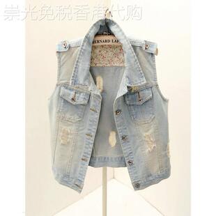欧洲站春秋韩版显瘦破洞短款无袖牛仔马甲女马夹背心坎肩外搭外套