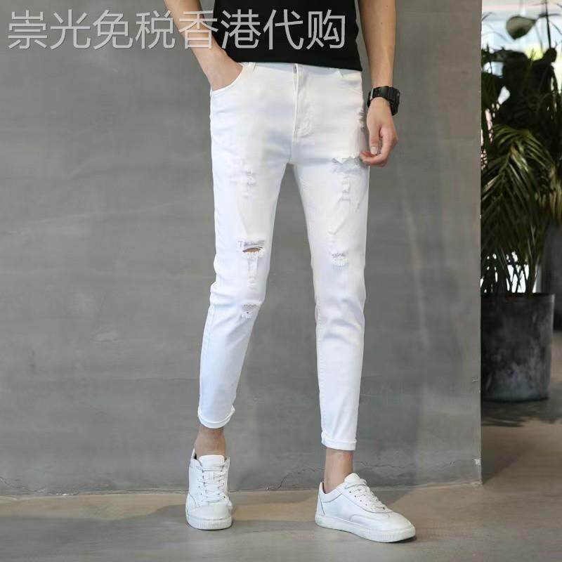 高端白色破洞弹力九分裤牛仔裤男修身小脚乞丐9分裤潮流长裤子