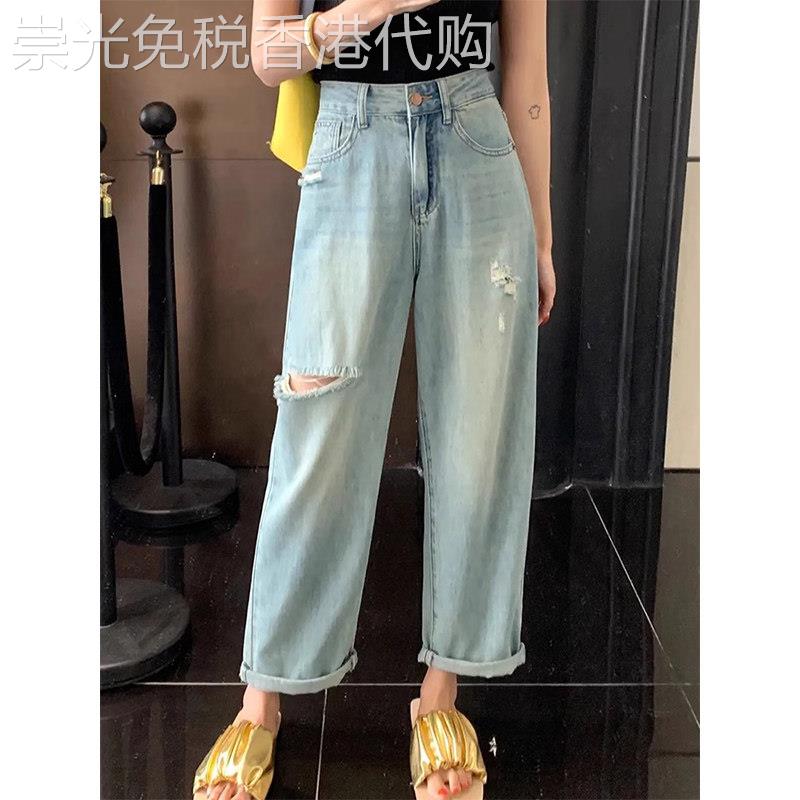 浅蓝色阔腿破洞牛仔裤女夏季薄款梨形身材大尺码宽松显瘦高腰直筒