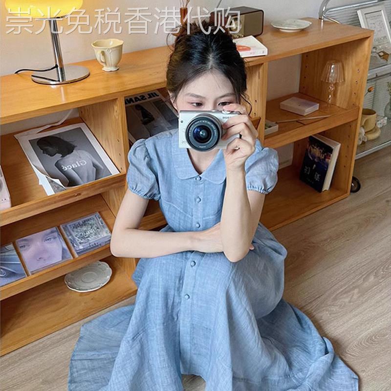 法式气质蓝色衬衫连衣裙女2026春季新款高级感超好看泡泡袖长裙子