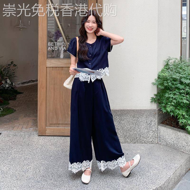 藏青色蕾丝拼接短袖上衣阔腿裤两件套女2026夏季天丝亚麻休闲套装