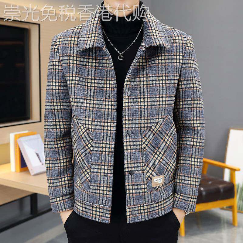 休闲夹克男修身秋冬季潮流短款翻领格子外套青年帅气加厚毛呢大衣