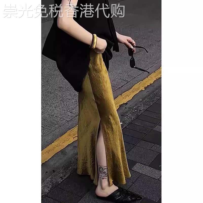 金色醋酸缎面半身裙女夏季欧货肌理感褶皱丝绸半裙垂感开叉长裙子