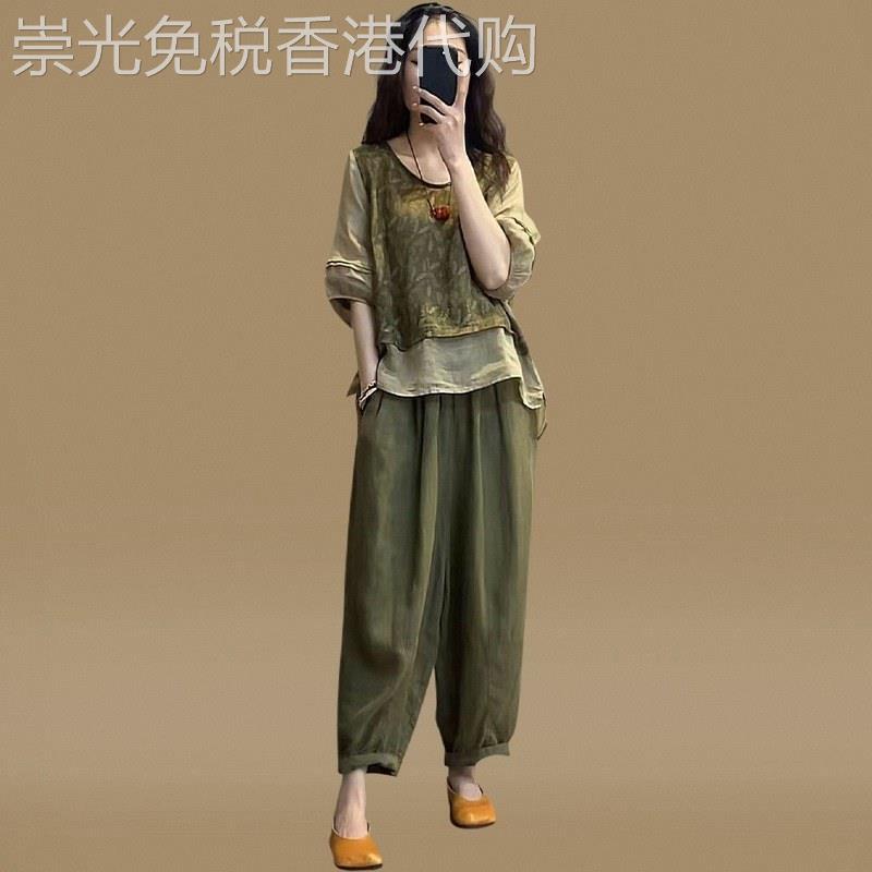 棉麻套装女夏欧货印花拼接假两件泡泡袖上衣九分哈伦裤胖mm两件套