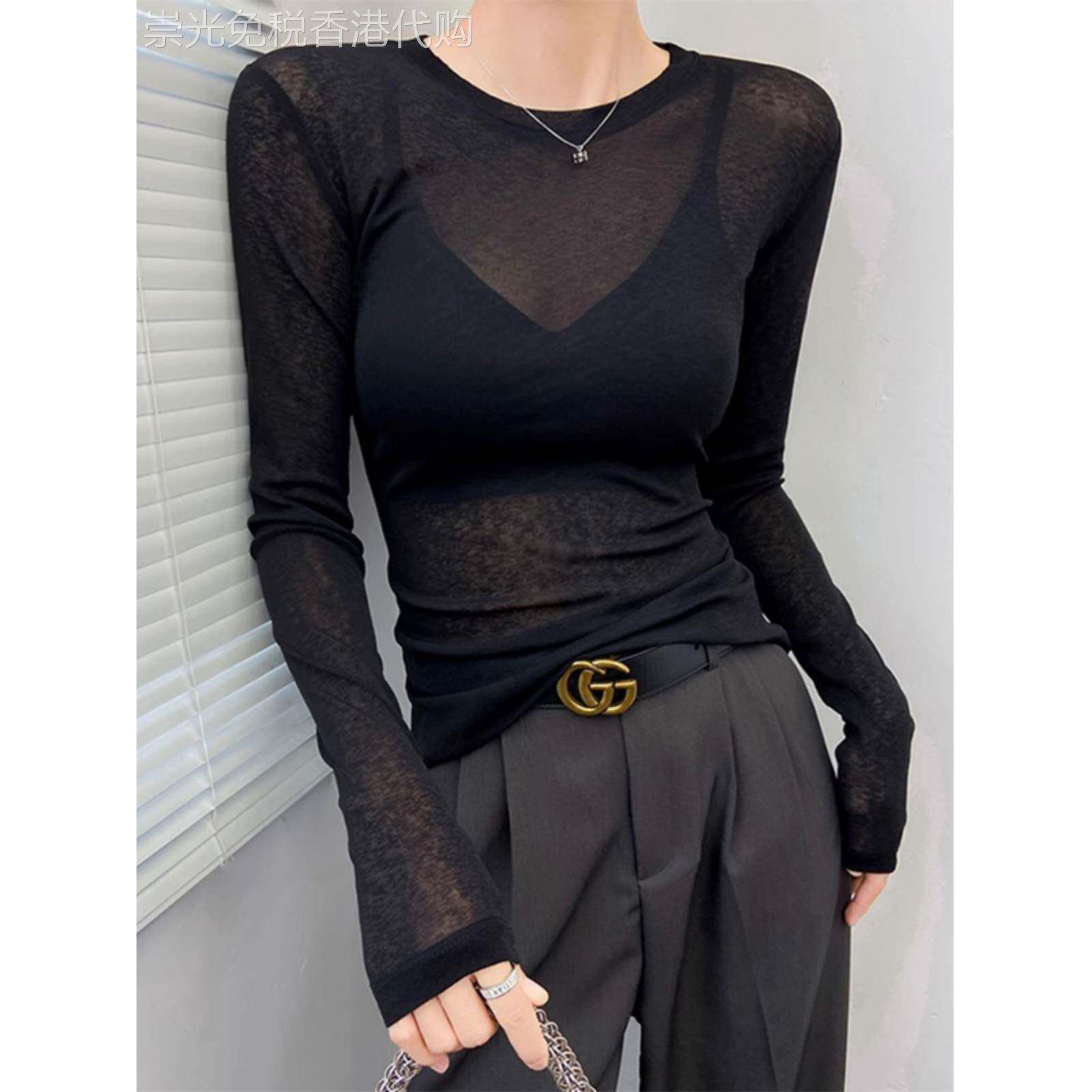 黑色打底衫女春秋内搭薄款修身显瘦微透性感圆领长袖面膜t恤上衣