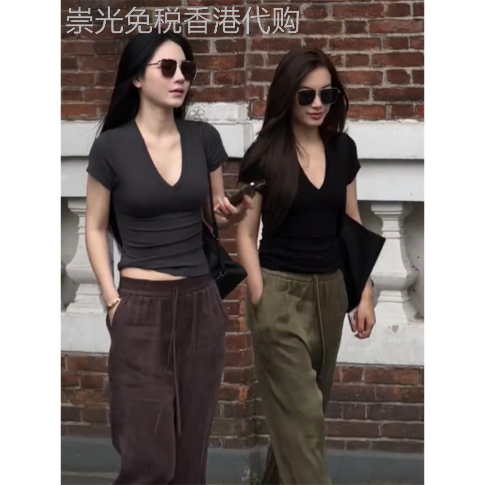 美式V领正肩T恤短袖女夏季韩系穿搭辣妹装纯欲风T恤欧美热辣���衣