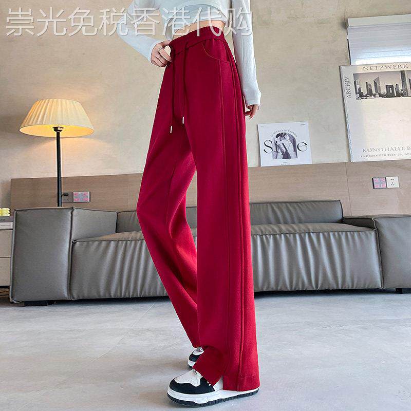 红色运动裤女春秋款休闲裤2025新款卫裤时尚直筒裤窄版香蕉阔腿裤