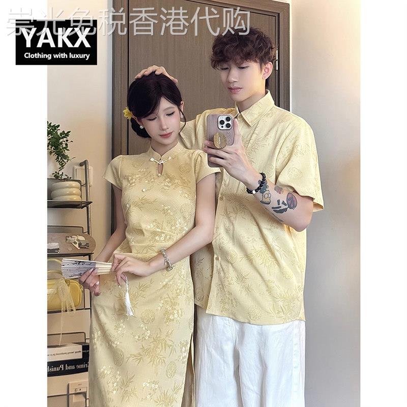 新中式情侣装夏季短袖衬衫男女士2025新款旗袍连衣裙法式一裙一衣