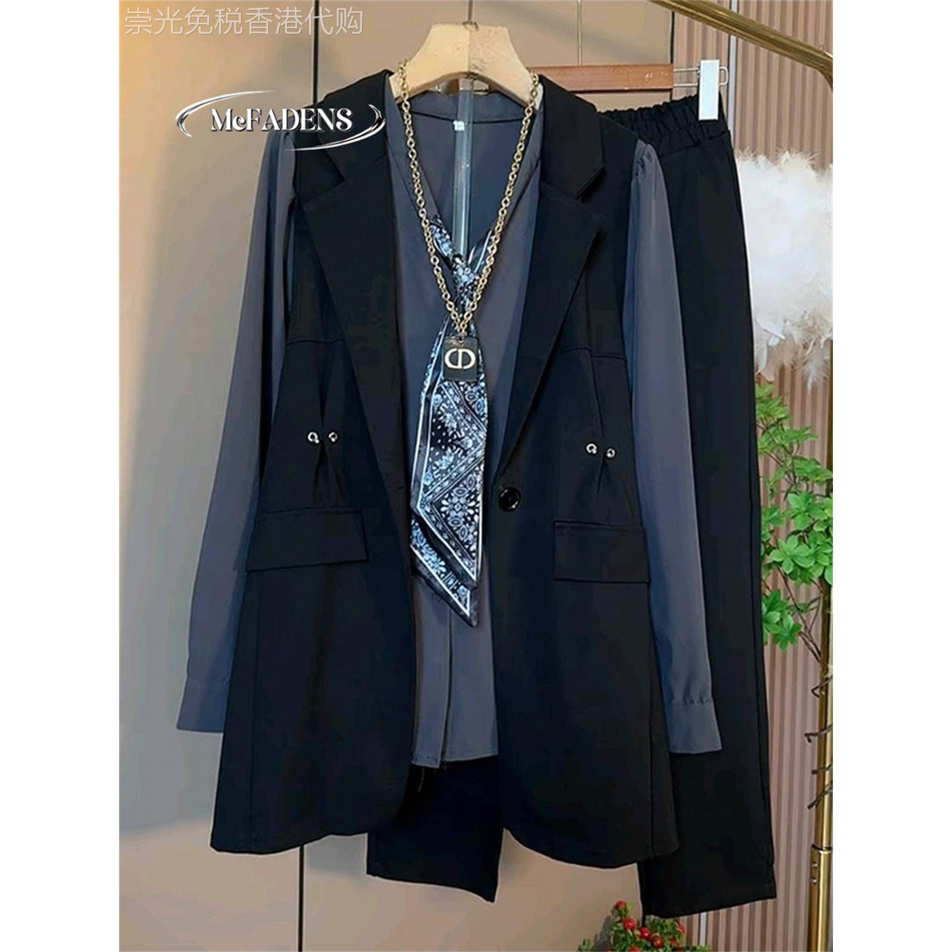 香港秋季新款胖mm大码女装轻奢时尚气质飘带衬衫马甲休闲裤三件套