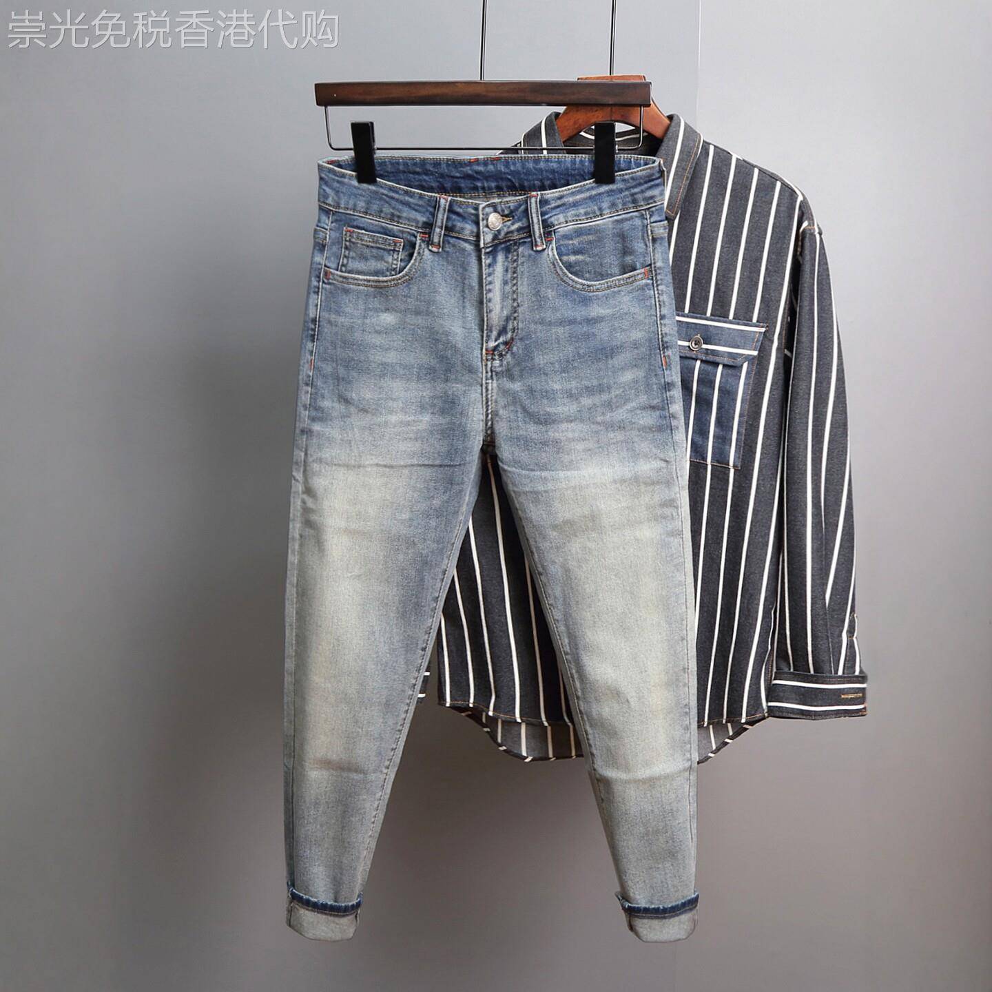 米兰『时尚设计风』！新品推荐！修身做旧小脚九分弹力牛仔裤子男