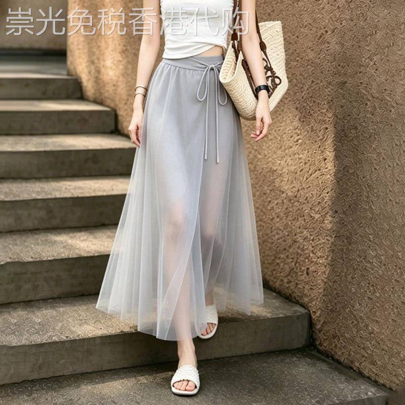 浅灰色网纱半身裙女2026夏季新款轻薄系带气质轻熟风时髦优雅长裙