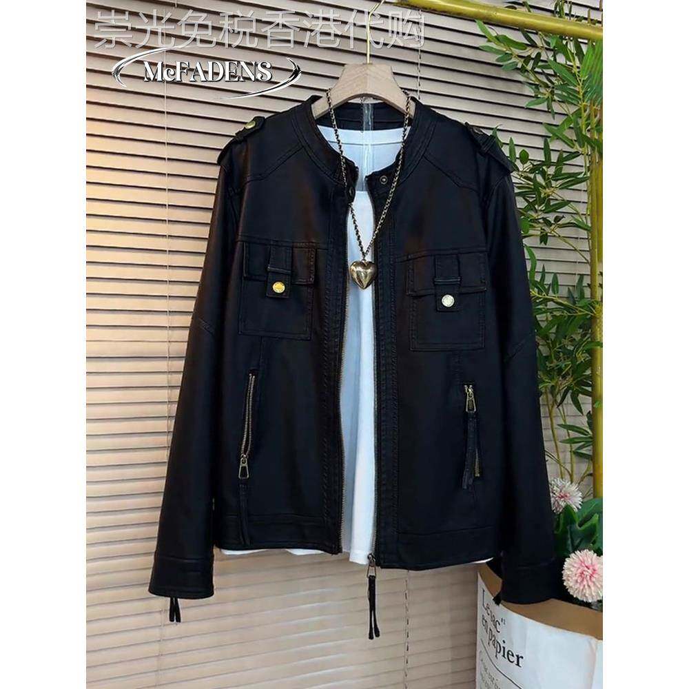 香港欧洲站大码女装胖MM长袖冬款洋气显瘦新中式纯色皮夹克外套潮