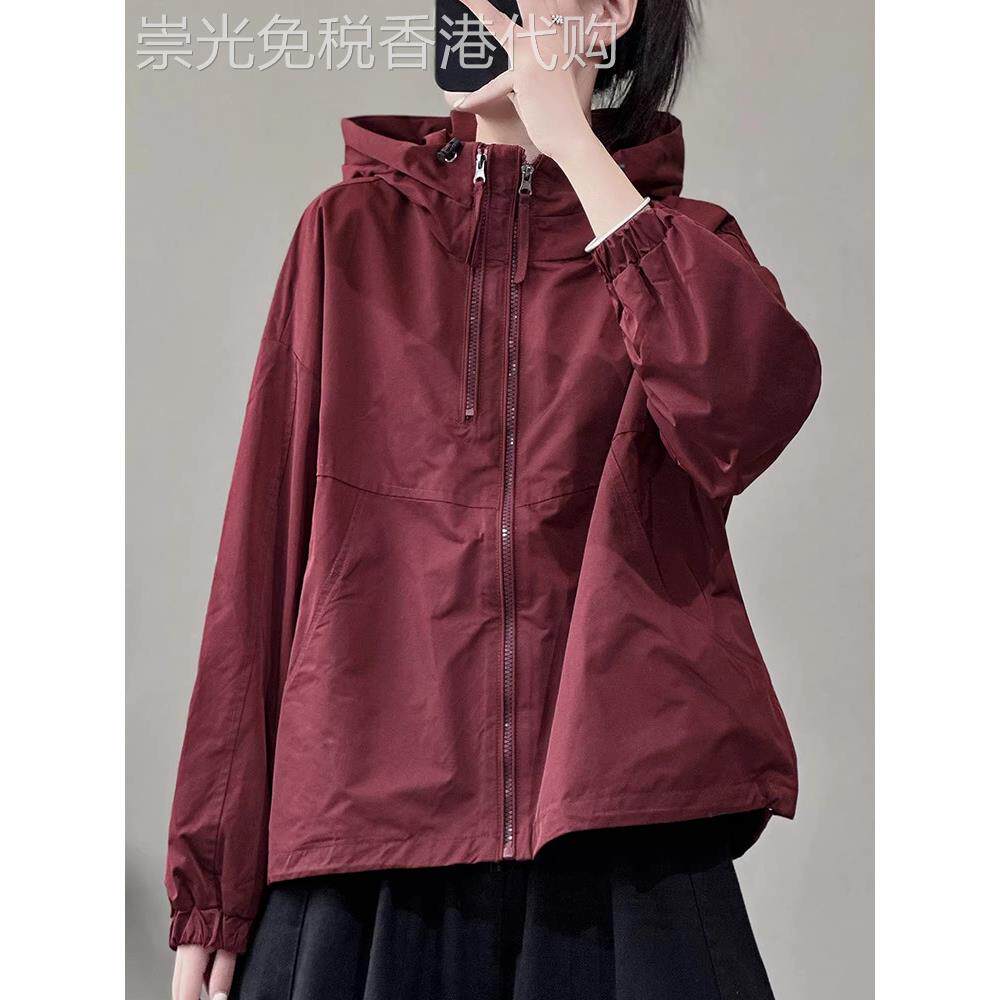 红色工装外套女春秋季户外运动连帽夹克防风开衫大码女装休闲上衣