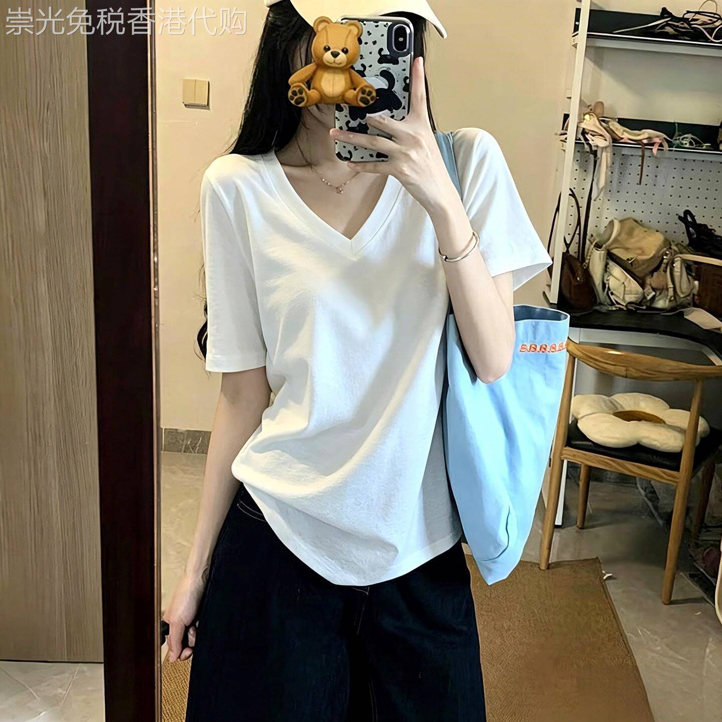 正肩V领纯色短袖T恤女夏韩版宽松显瘦慵懒半袖上衣简约百搭T恤衫