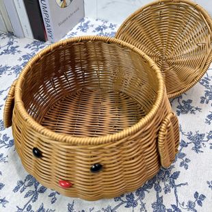 动物可爱客厅零食手工篮子水果编织藤编带盖创意家用圆形收纳仿藤