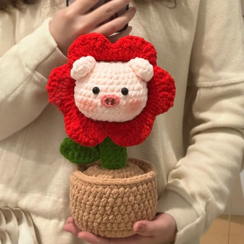 溺水小苑自制花朵猪盆栽冰条线可爱玩偶手工编织diy材料包送礼物