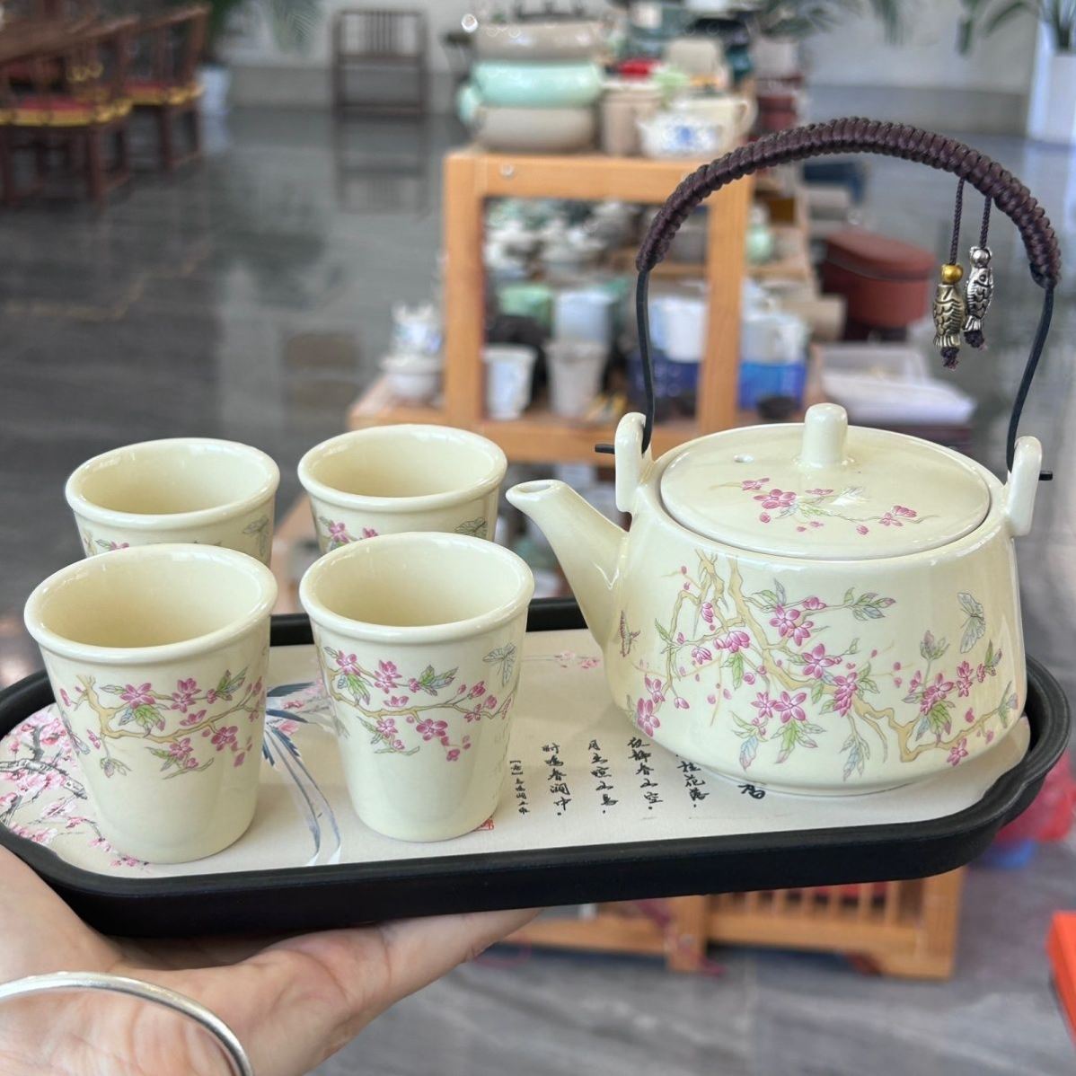 紫藤花提梁壶精致茶具防烫陶瓷功夫茶具一壶四杯带吸水盘小泡茶壶