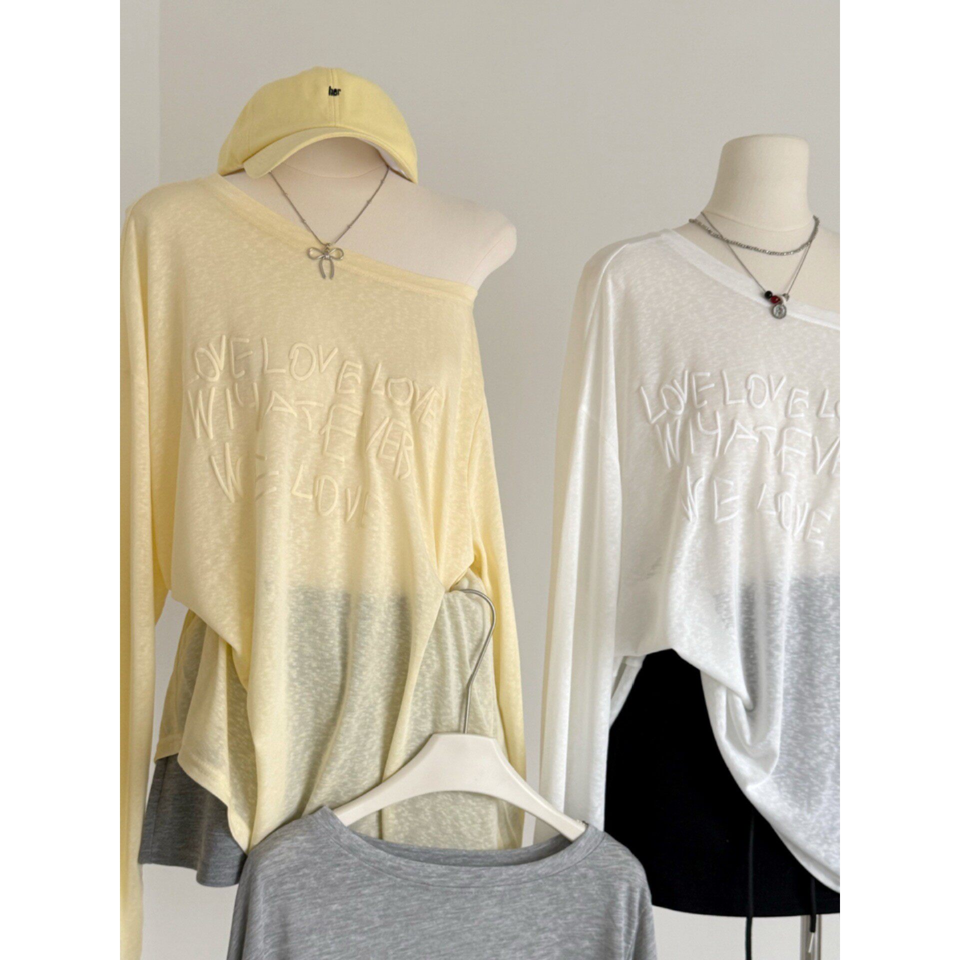 天丝罗纹发泡印花夏季透明长袖T恤防晒罩衫女宽松露肩上衣服