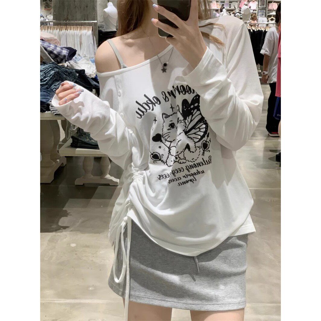 天丝罗纹美式微透露肩T恤女长袖夏季薄款宽松防晒罩衫抽绳上衣服