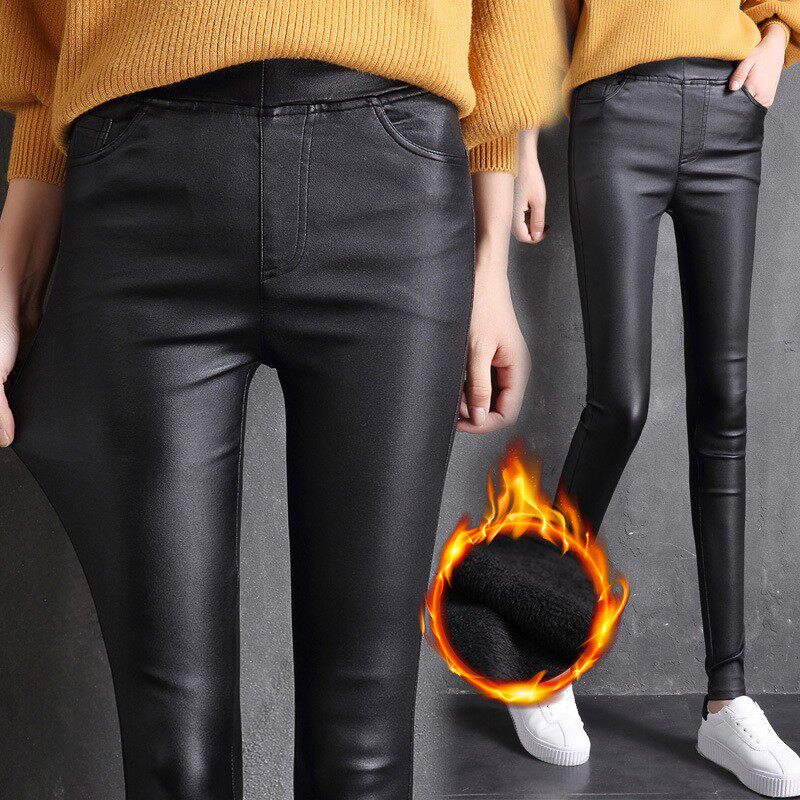 秋冬款亚光高腰加绒皮裤女外穿2025春秋款紧身显瘦加厚薄款小脚裤