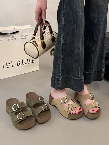 夏季真皮厚底勃肯一字拖女增高
