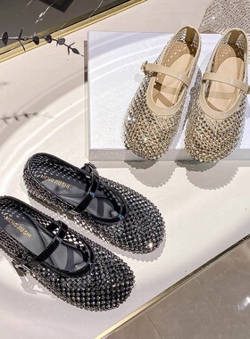 2026春新款法式水钻网纱一字带玛丽珍鞋女百搭内增高单鞋芭蕾舞鞋