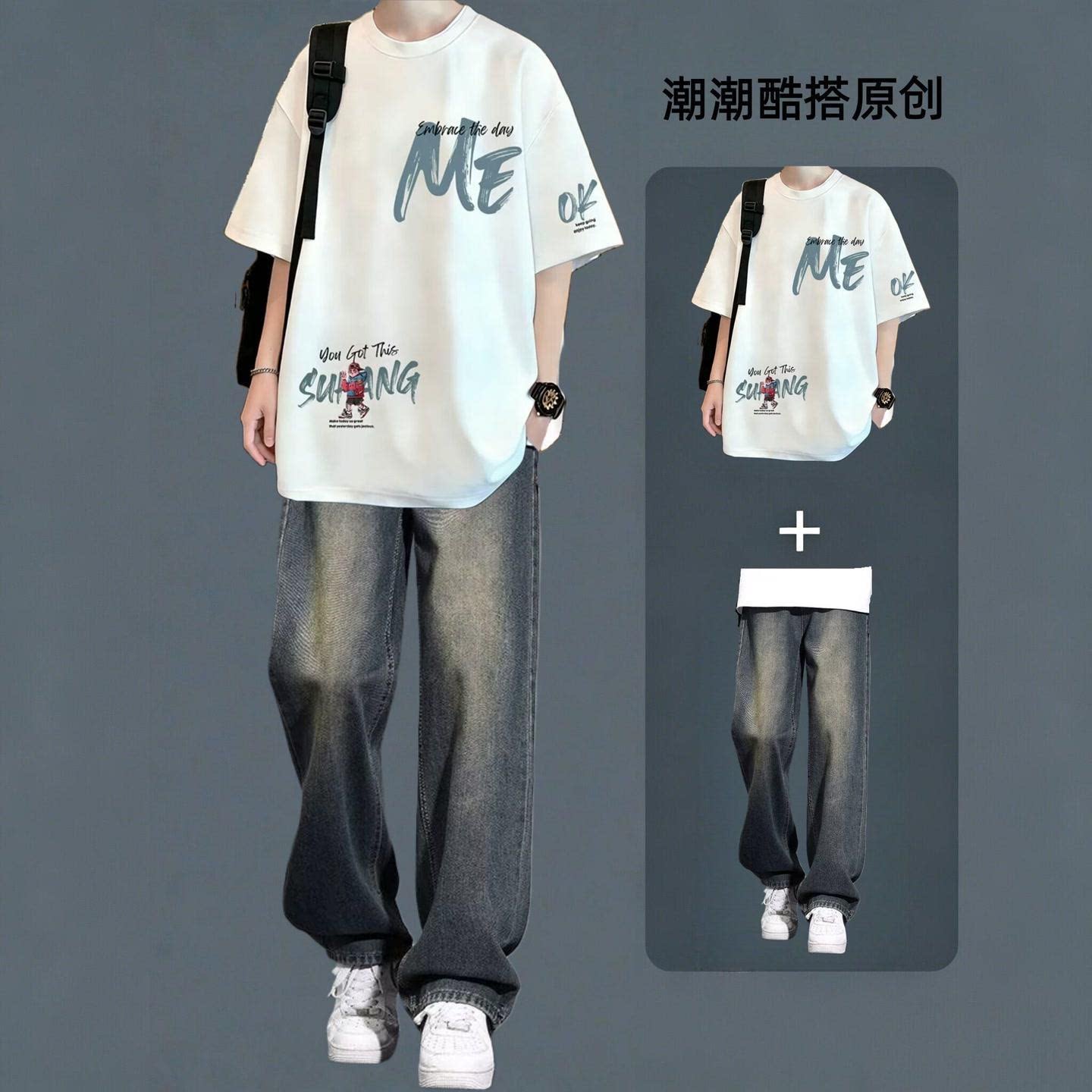 清仓捡漏~青少年纯棉短袖T恤男休闲套装牛仔裤两件套潮流穿搭一套