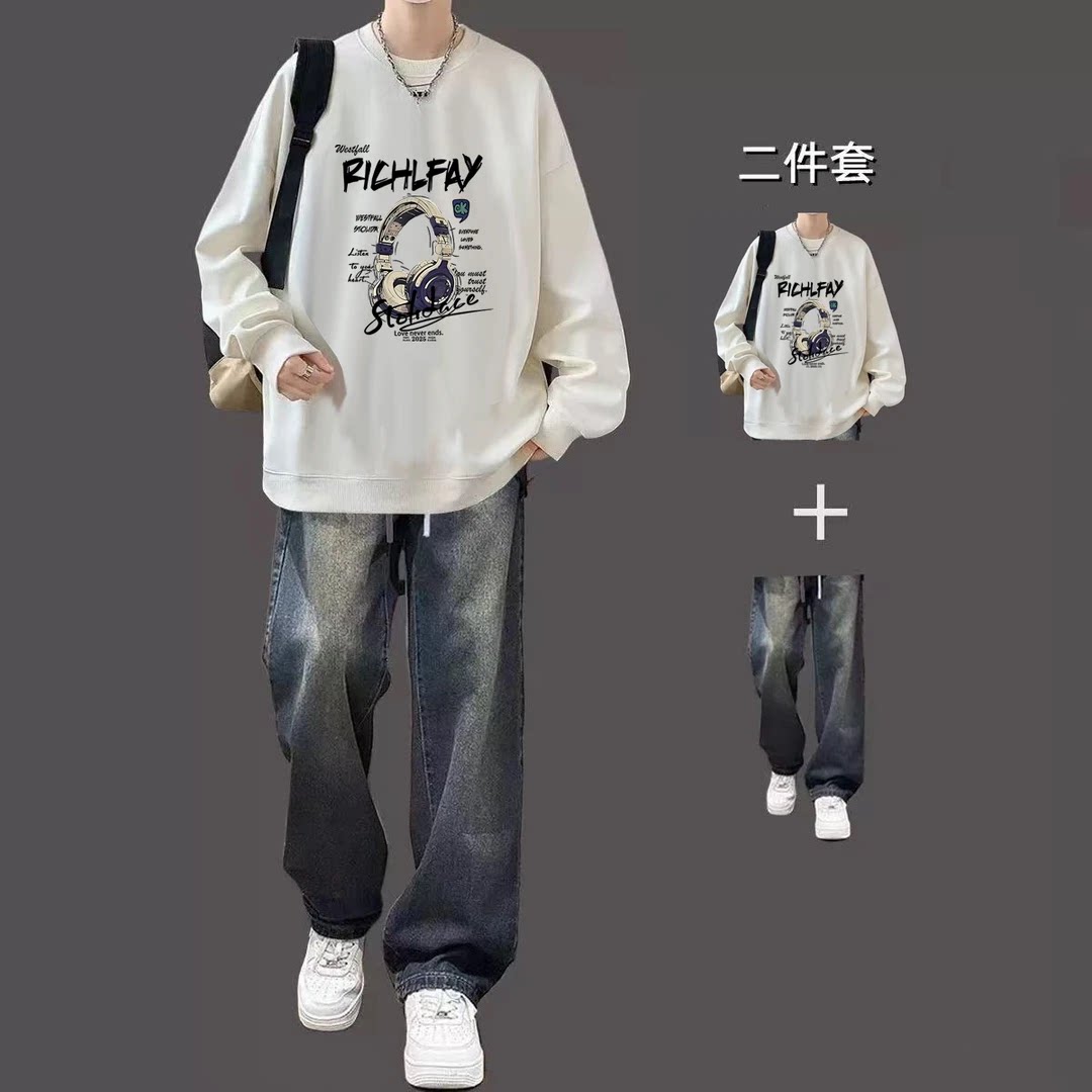 秋冬款圆领卫衣男套装男生帅气上衣搭配休闲牛仔裤ins潮流一整套