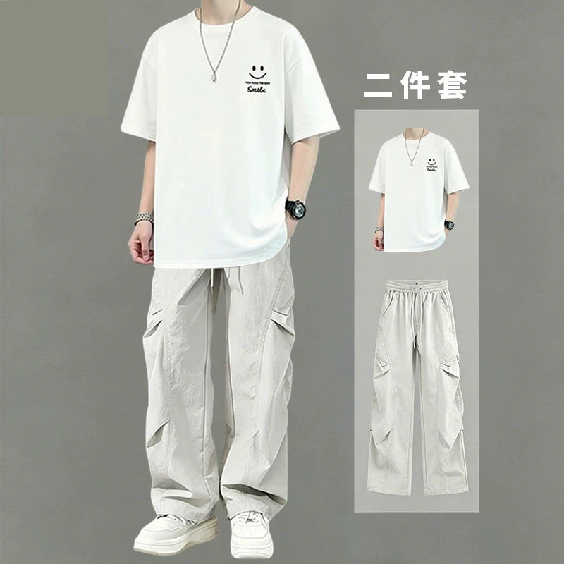 纯棉短袖T恤男士夏季休闲套装青少年宽松初高中学生帅气潮流一套