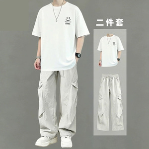 纯棉短袖T恤男士夏季休闲套装青少年宽松初高中学生帅气潮流一套