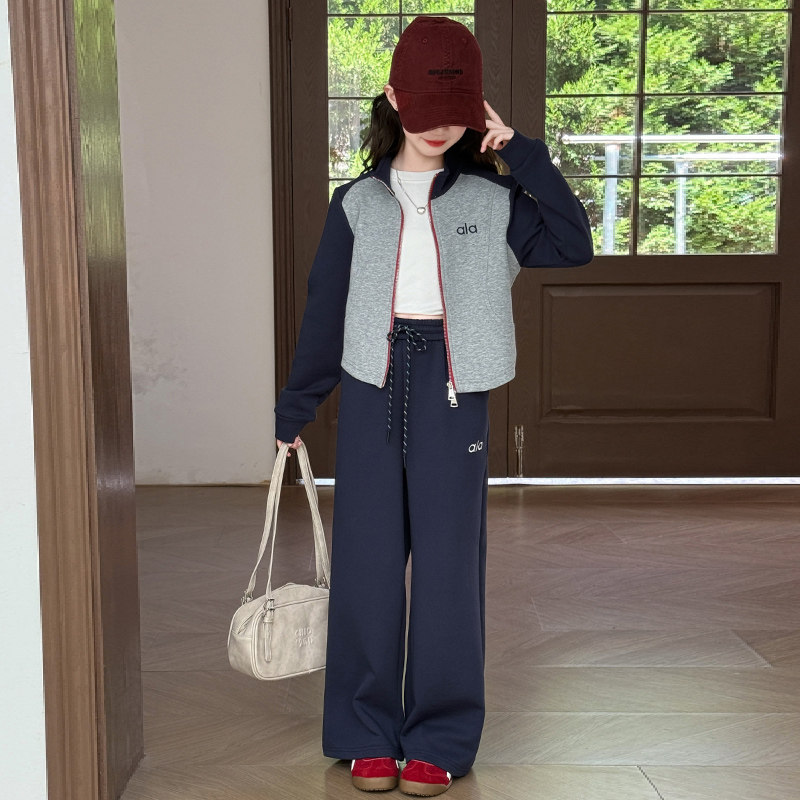 女大童春秋季拼色外套裤子套装2025新款儿童潮阔腿裤中学生两件套