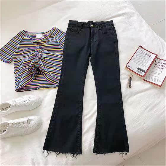 毛边喇叭牛仔裤女2019秋季新款韩版学生休闲高腰显瘦弹力裤九分在类目 女装/女士精品, 牛仔裤中 - 来自Buy2taobao.com提供专业的淘宝代购服务