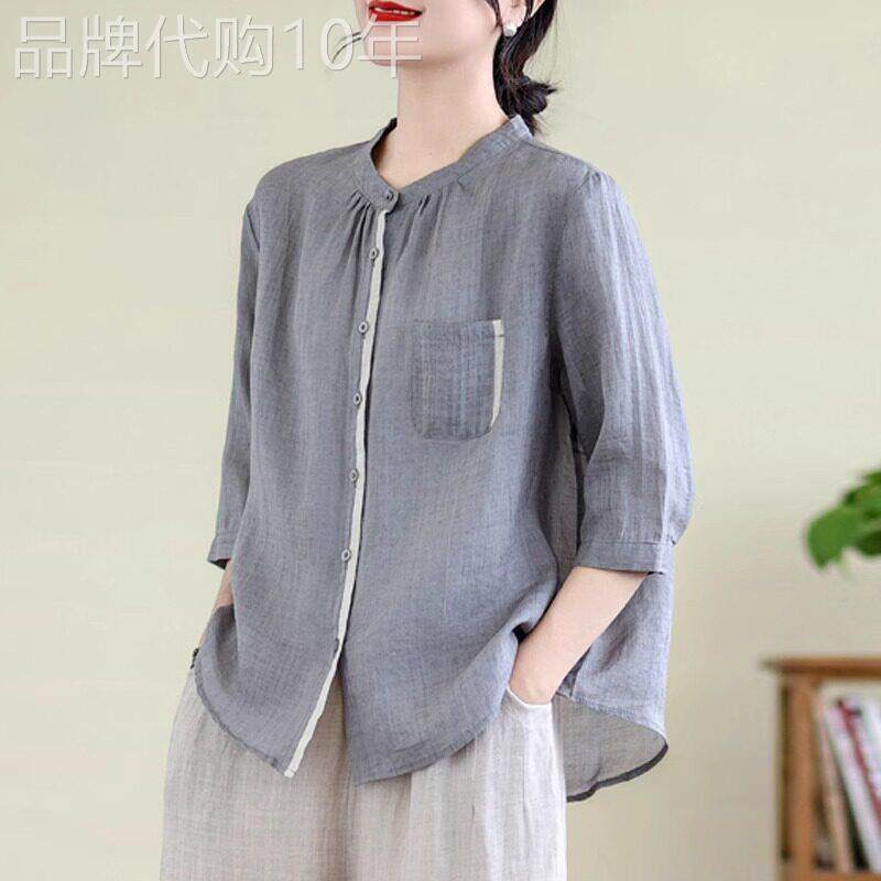 潮牌妈妈棉麻亚麻短袖衬衫女2025夏季新款高级感时尚洋派半袖上衣